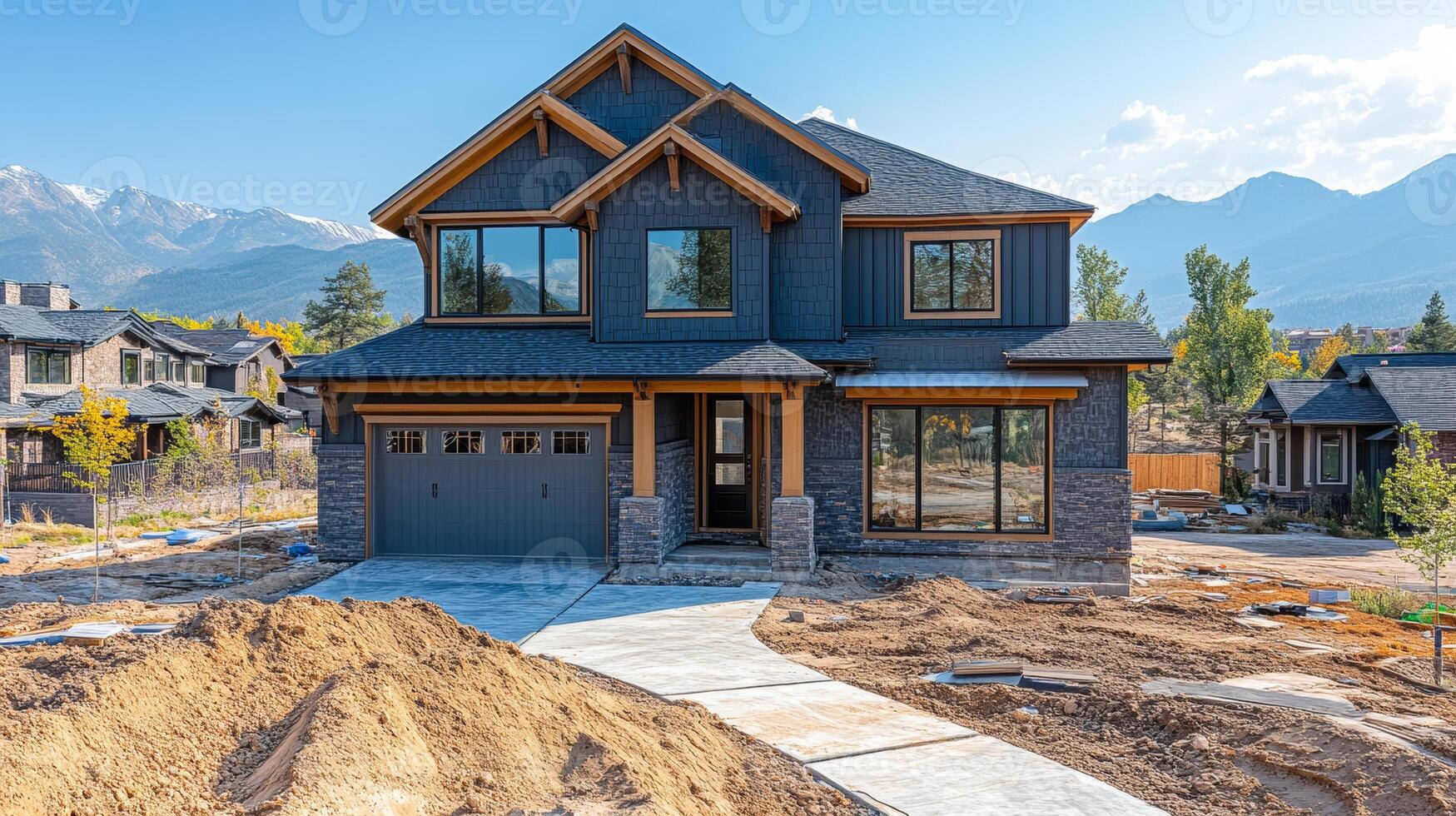 New home in the mountains. A modern house rises in a scenic landscape, set against mountains and a clear sky. photo