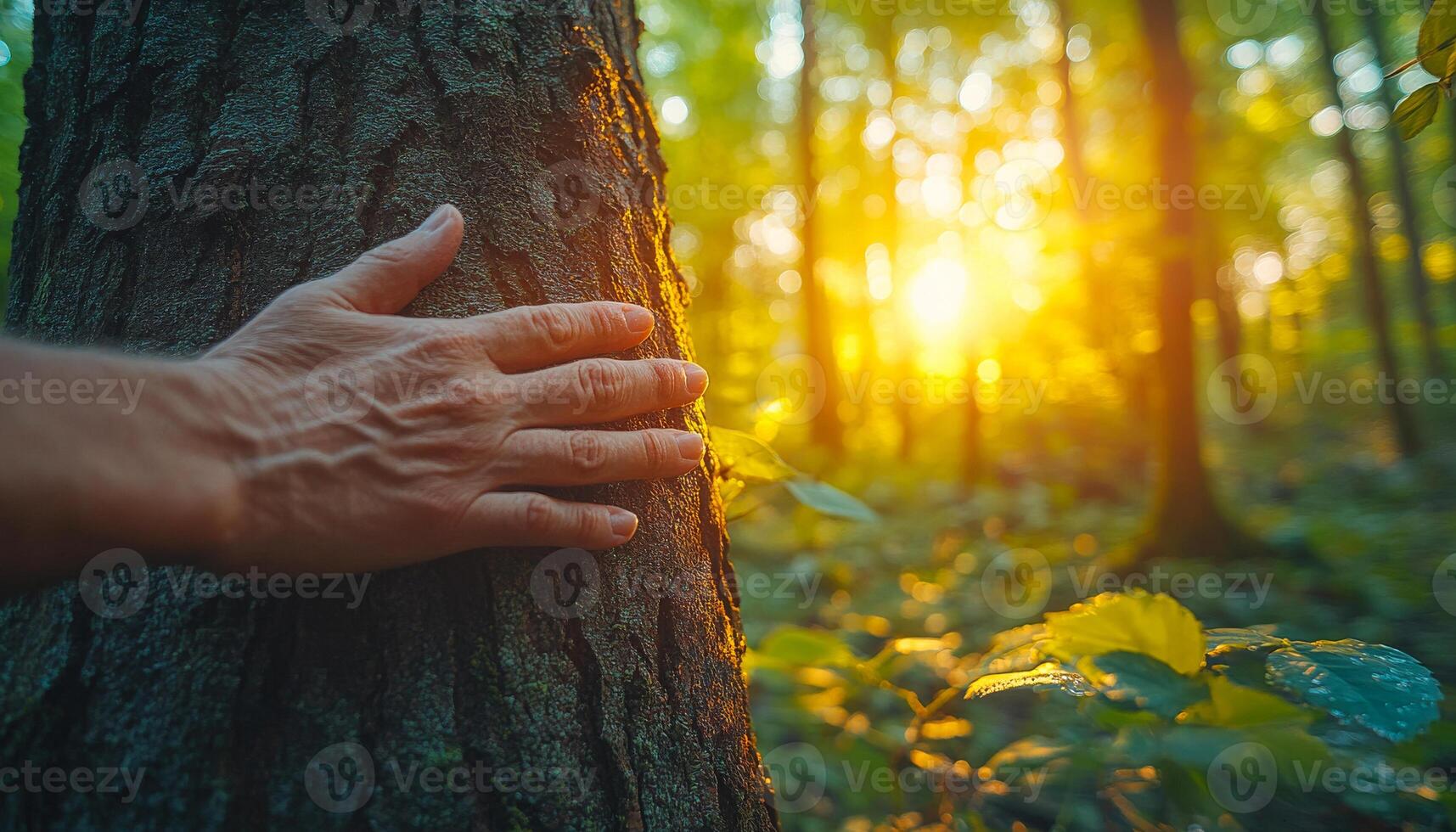 Tranquil forest at sunset. A hand rests gently on a tree trunk in a serene forest, with warm sunlight filtering through the trees at dusk. photo