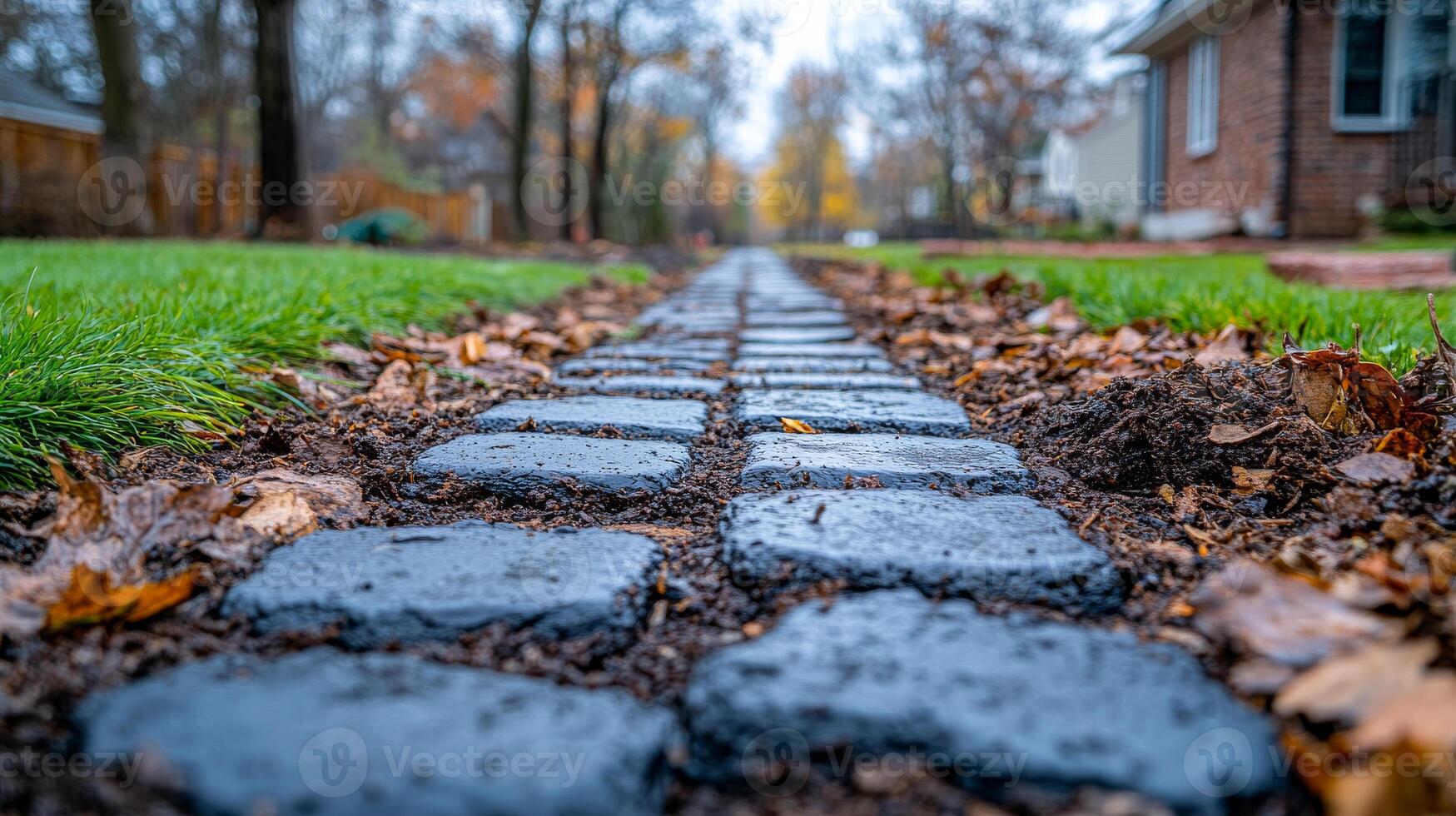 Cobblestone path through autumn leaves. A cobblestone path lined with fallen leaves leads through a serene neighborhood in the fall season. photo