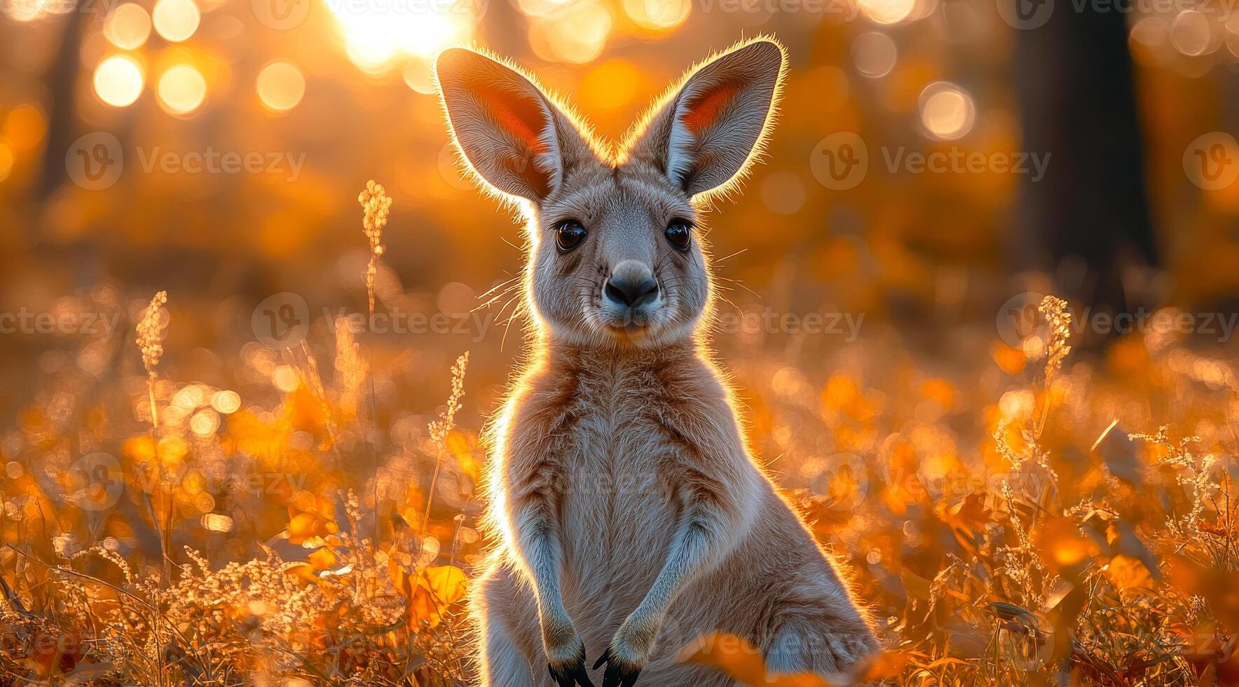 Kangaroo in sunset field. A kangaroo sits peacefully in a field of golden grass during sunset, surrounded by soft, warm light. photo