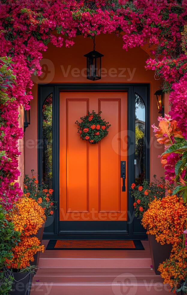 Bright orange door adorned with flowers. A vibrant orange door decorated with seasonal flowers welcomes visitors. photo