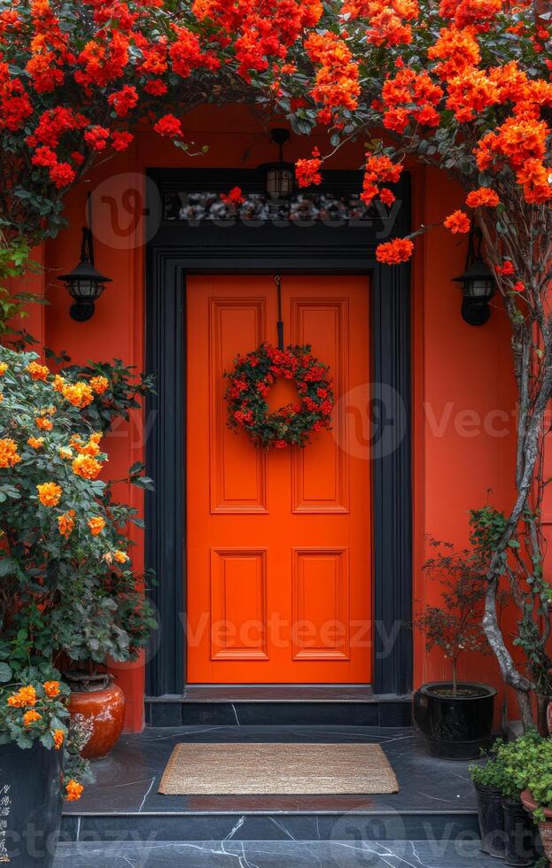 Bright orange door adorned with flowers. A vibrant orange door is framed by colorful blooming flowers, creating a welcoming entrance. photo