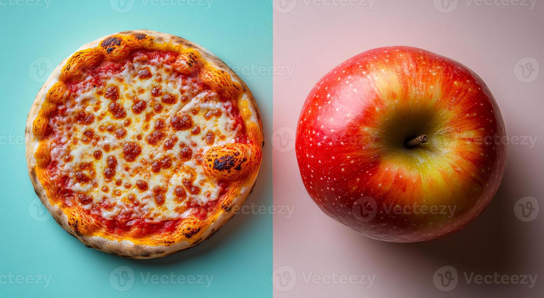 Pizza and apple on bold backdrops. A tasty pizza with melted cheese and a bright apple are showcased on contrasting surfaces, highlighting textures. photo