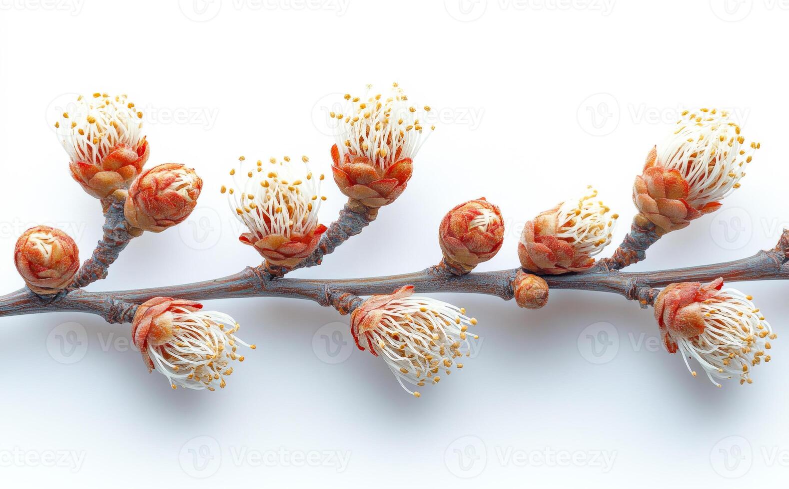 Spring blossoms on a branch in bloom. Delicate spring blossoms emerge from the branch, showcasing vibrant petals and tender buds ready to open. photo