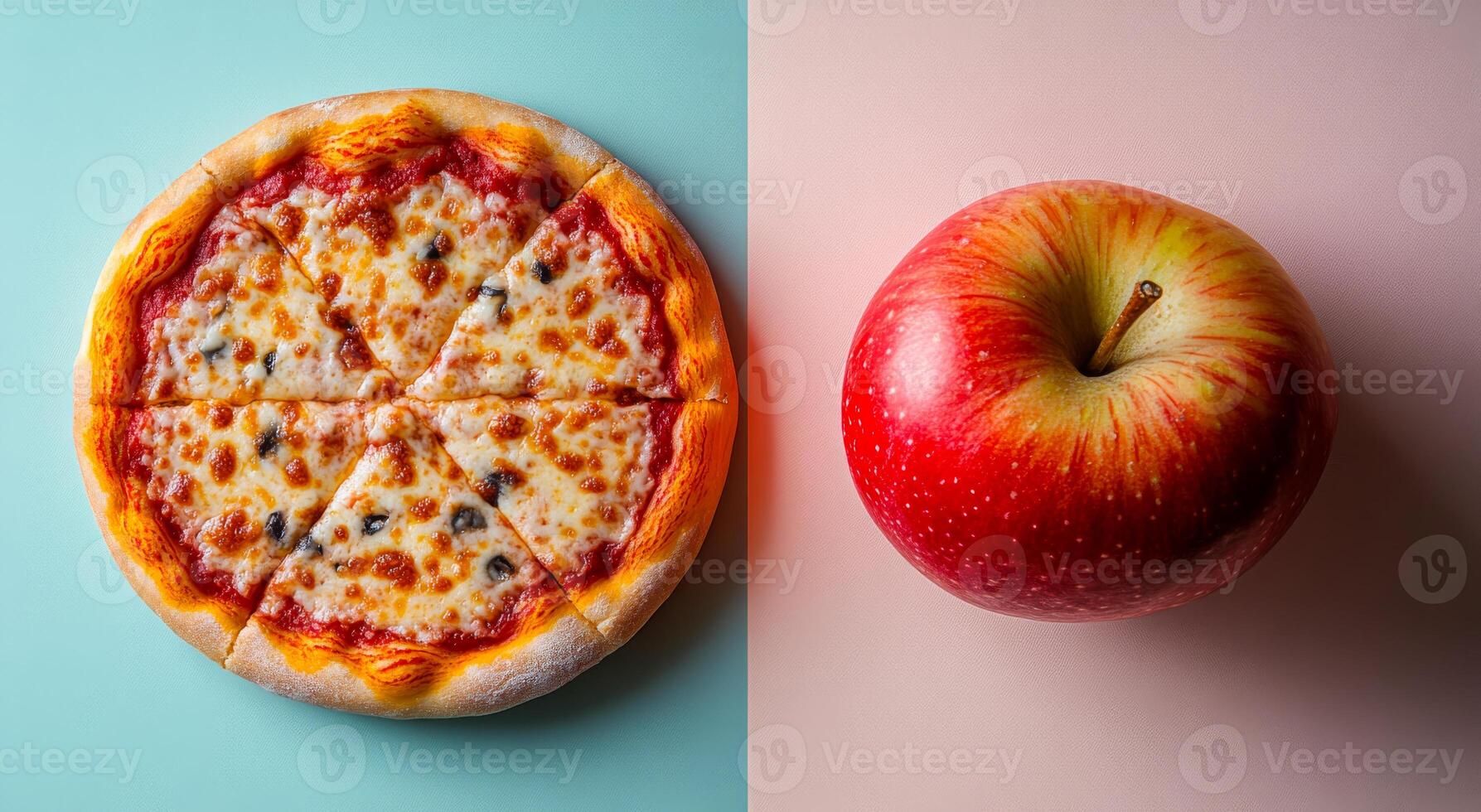 Colorful pizza and apple. A cheese pizza and a red apple are displayed side by side on contrasting backgrounds. photo