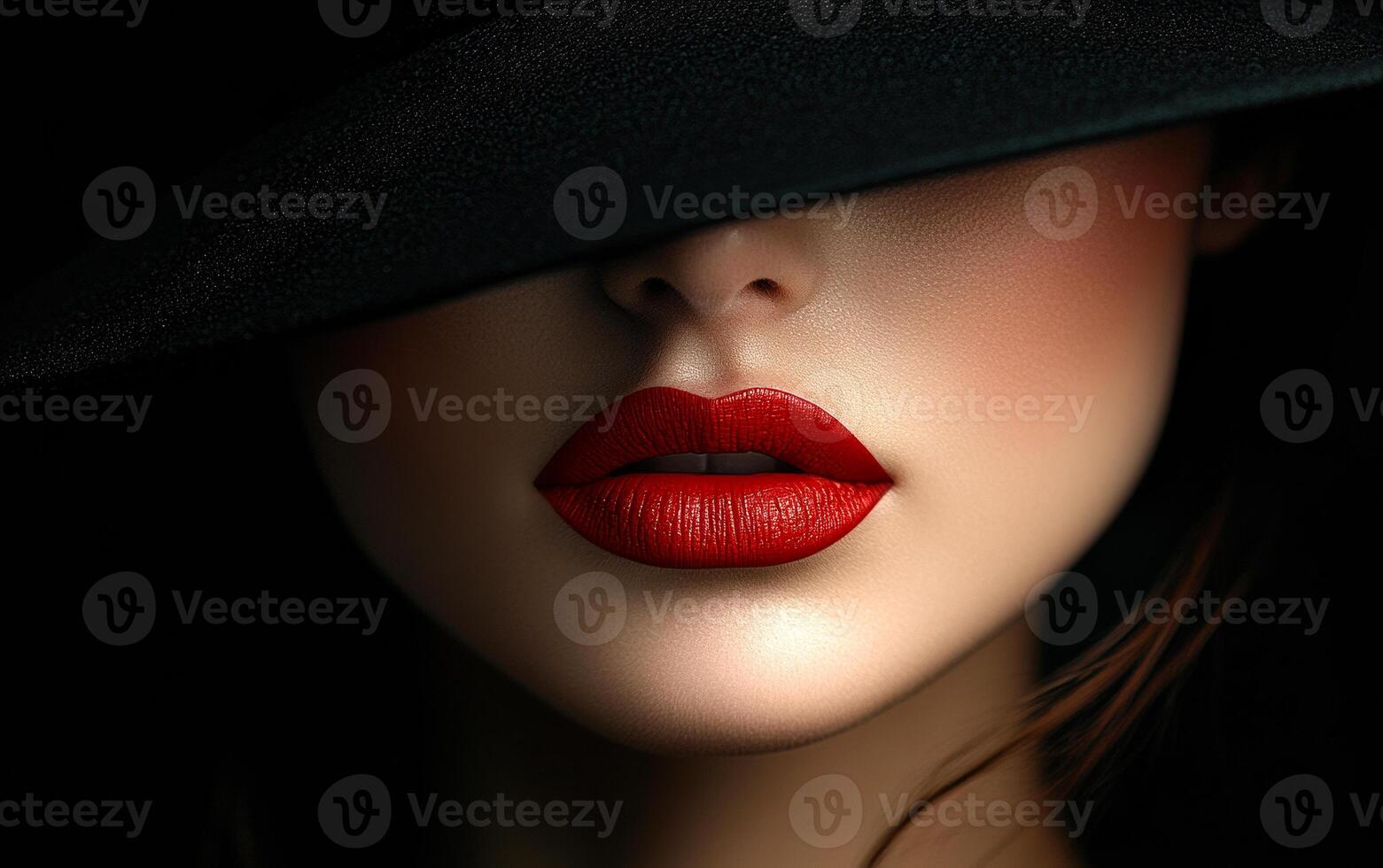Woman with red lips wearing a black hat. A close-up of a womans face with striking red lips, partially obscured by a black hat against a dark background. photo
