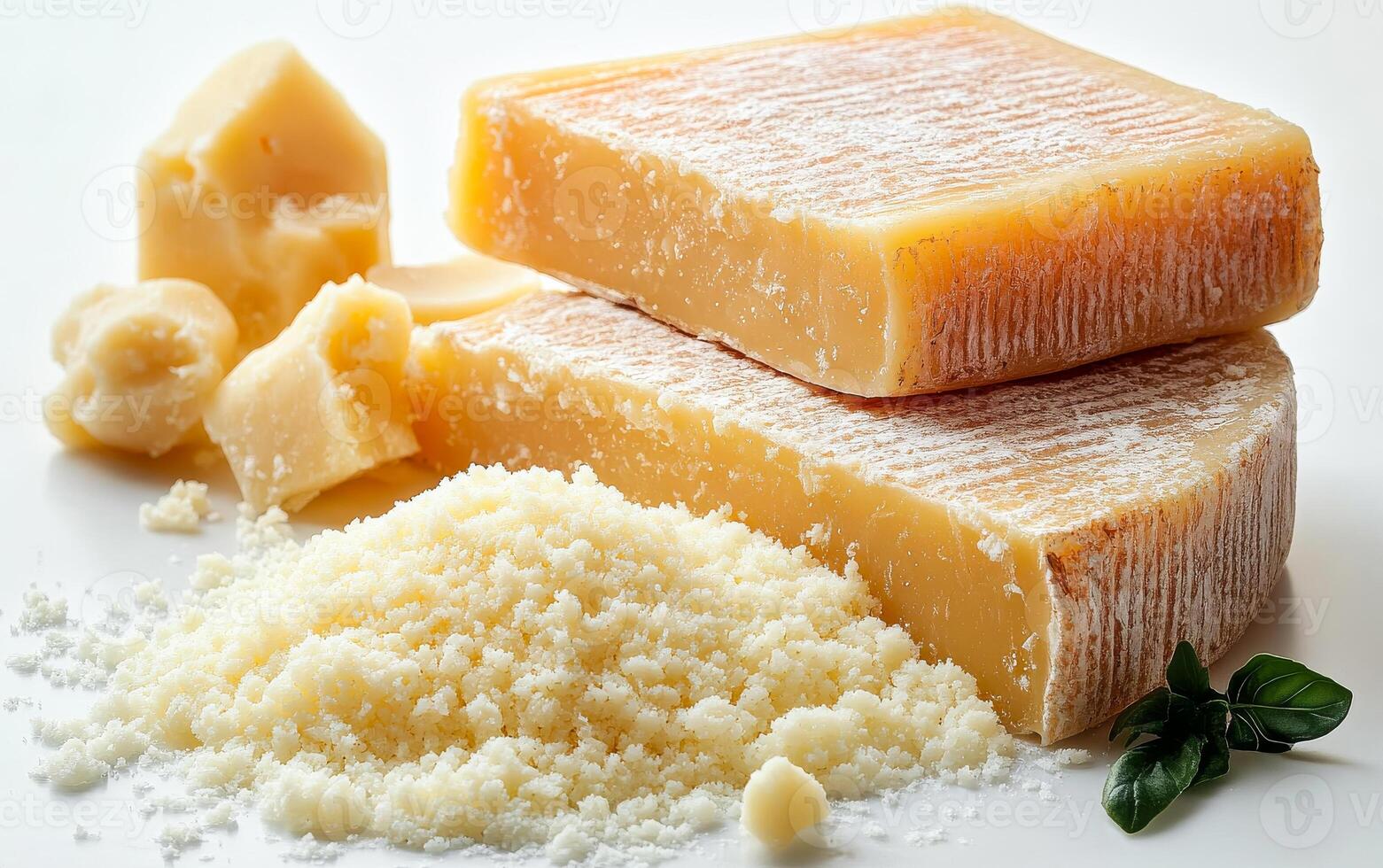 Cheese types on a clean tray. Two types of cheese along with grated cheese and a small piece of butter showcase their textures and colors. photo
