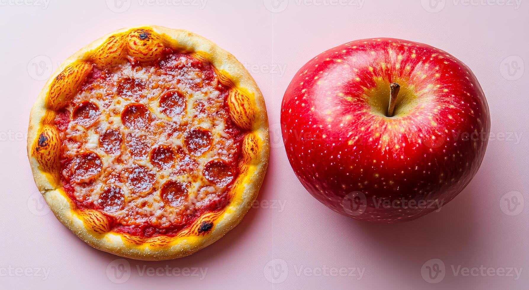 Unique food pairing of pizza and apple. An artistic arrangement features a pepperoni pizza next to a shiny red apple on a light pink background. photo