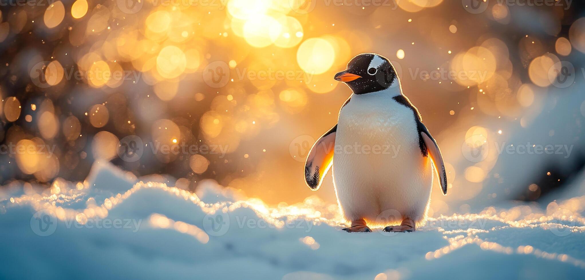 Sunset Gentoo on snow. A gentoo penguin stands elegantly on sparkling snow as the sun sets, creating a warm glow in the background. photo
