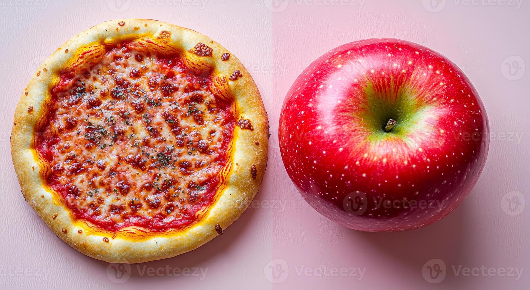 Minimalist, pizza and red apple. A freshly baked cheese pizza sits next to a bright red apple, showcasing a contrast of colors and textures. photo