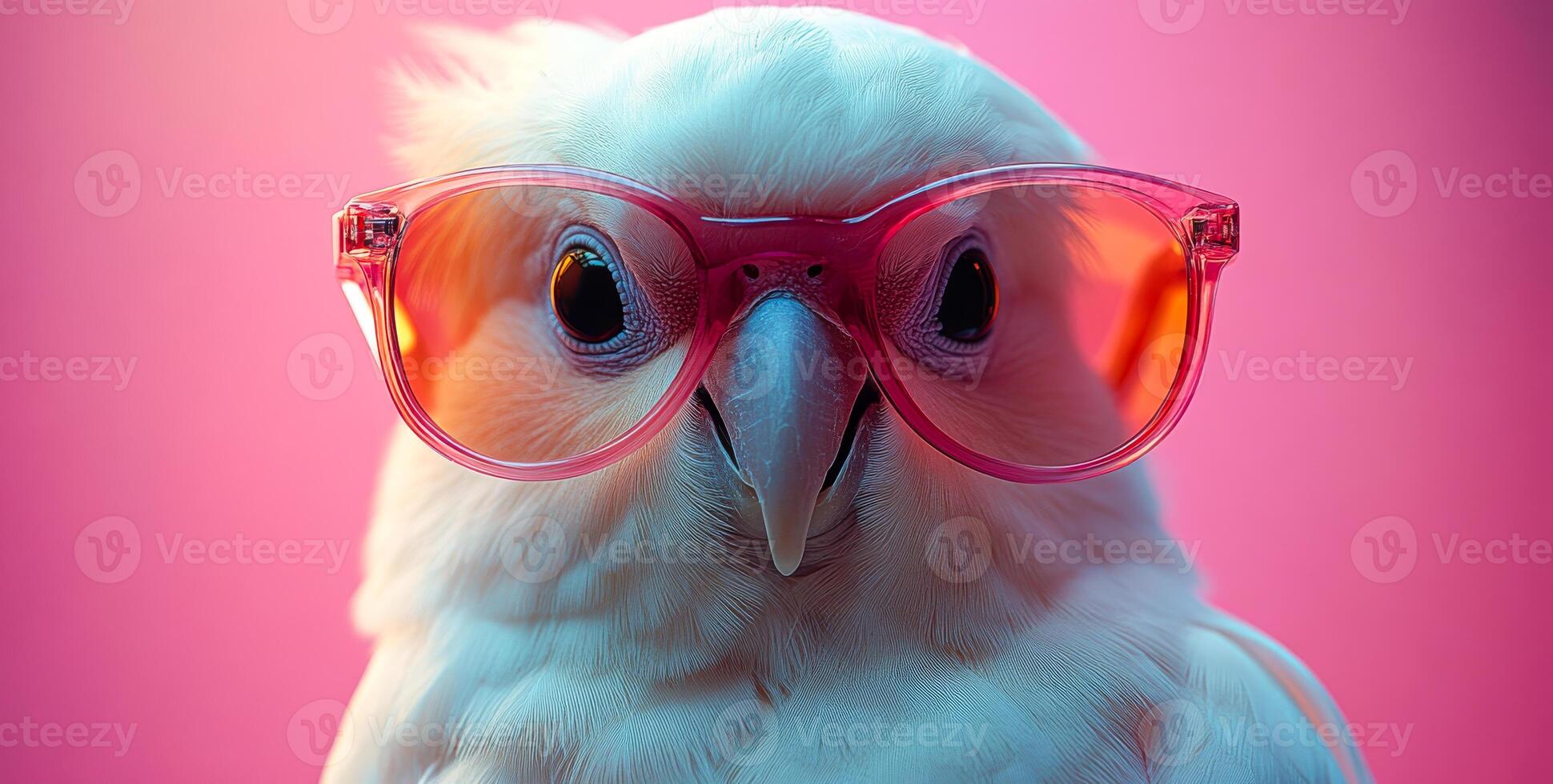 Bird wearing stylish pink sunglasses. A white bird with a playful expression is sporting trendy pink sunglasses against a vibrant pink background. photo