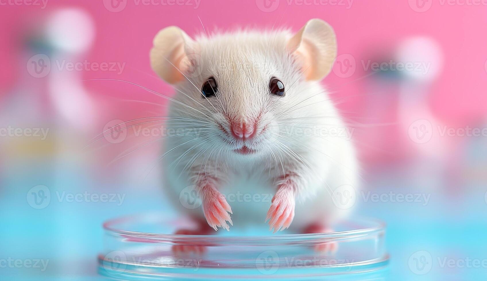 Mouse explores lab space. A curious white mouse stands on a glass petri dish in a vibrant laboratory, surrounded by various lab equipment. photo