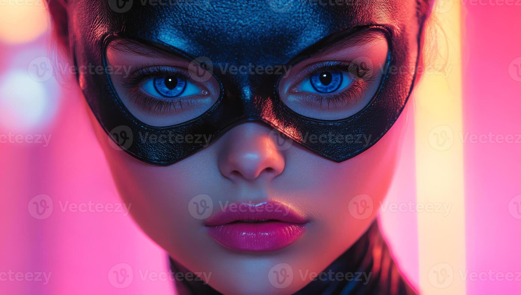 Masked woman in colorful lights. A young woman with striking blue eyes wears a black mask and shimmers under vibrant neon lights in a dramatic setting. photo