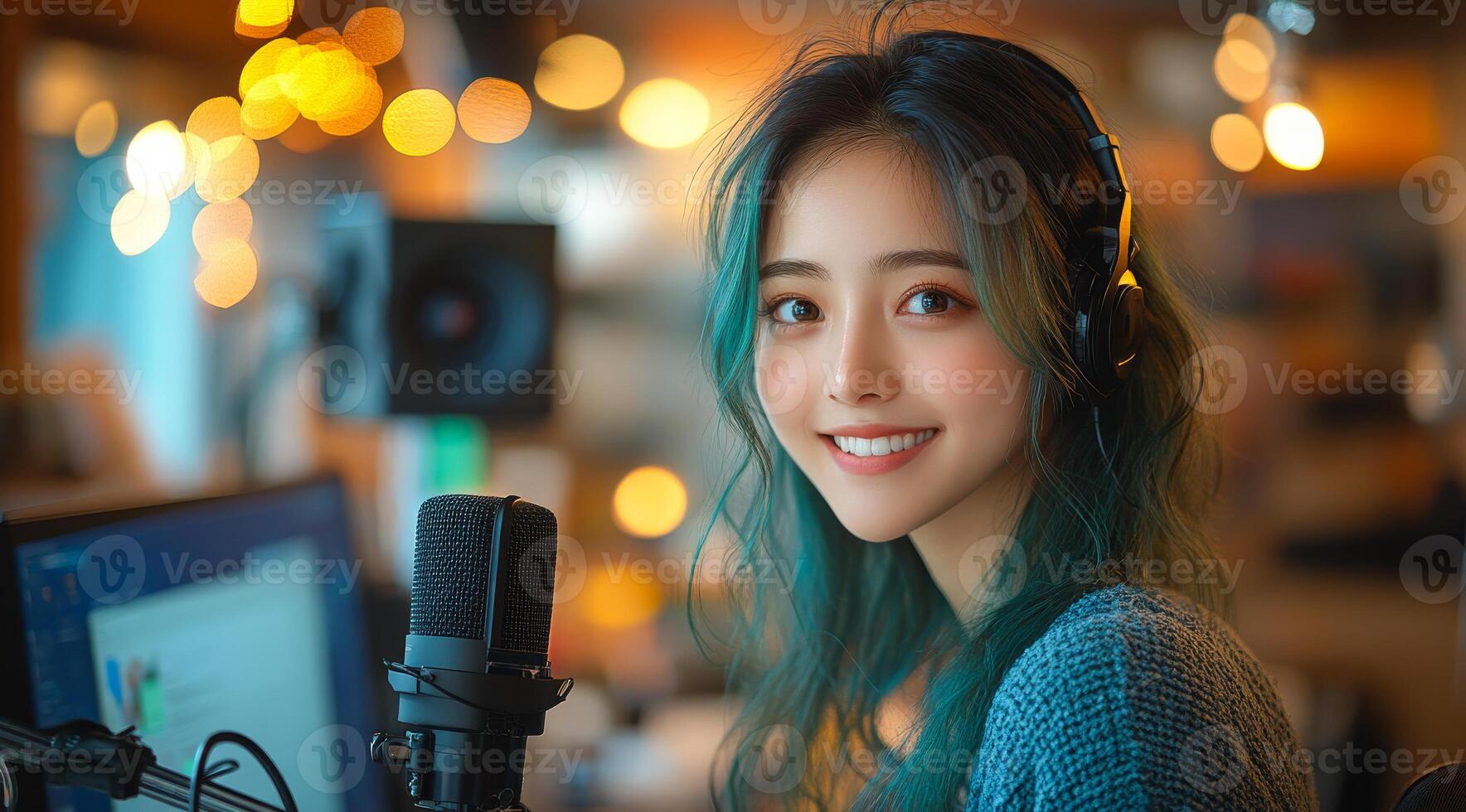 Smiling woman with a microphone. A woman with teal hair smiles while sitting in a studio, wearing headphones near a microphone and computer screen. photo