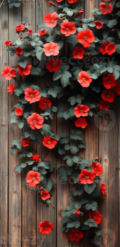 Red flowers climbing old wooden wall. Vibrant red flowers cascade over a rustic wooden wall, showcasing nature's beauty and charm in a serene setting. photo