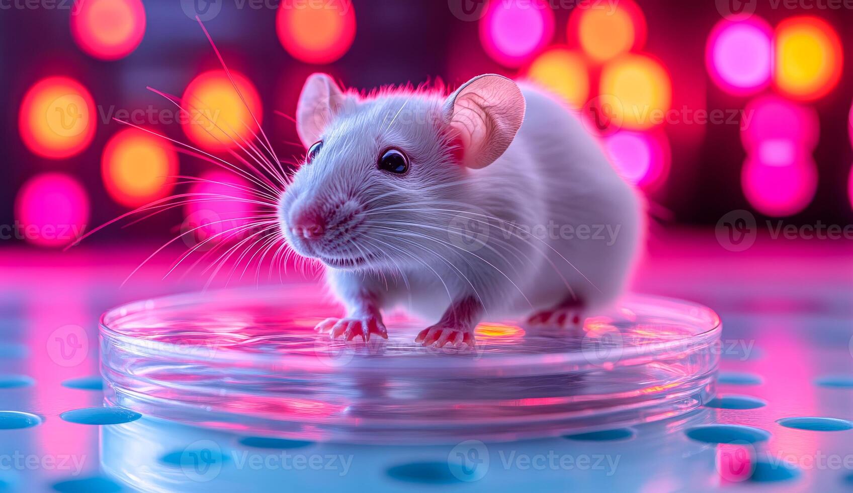 Mouse in lit petri dish. A small white mouse stands curiously on a petri dish lit with colorful lights, showcasing its vibrant fur. photo