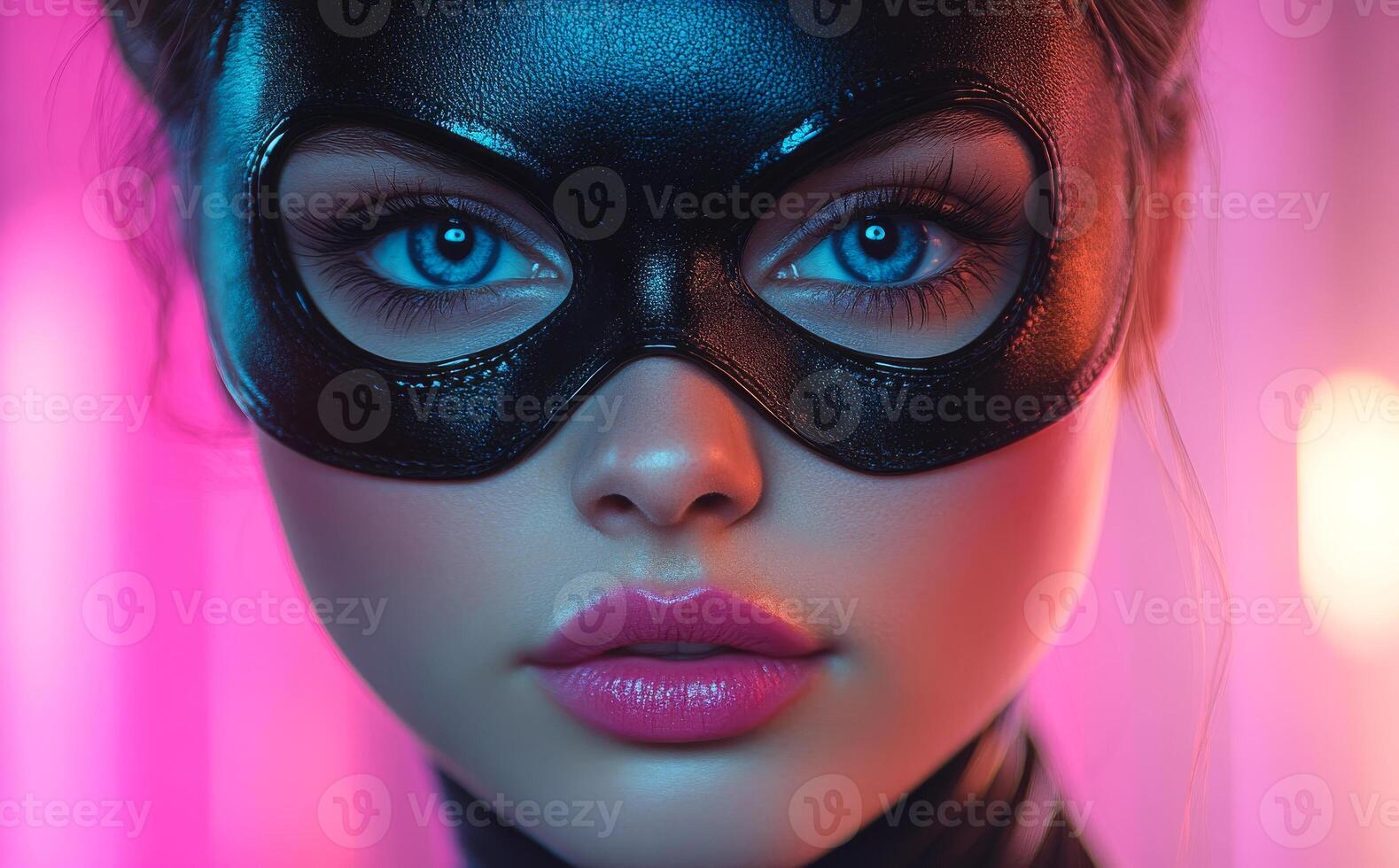 Blue-eyed masked woman in light. A confident woman with blue eyes poses in a sleek mask, illuminated by vibrant pink and purple lights at an event. photo