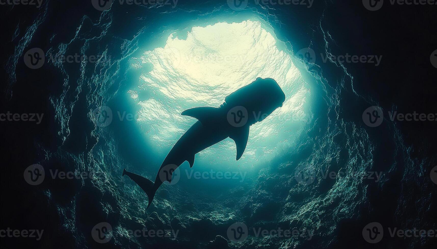 Shark swimming under the sea. A large shark glides gracefully beneath the water, illuminated by sunlight filtering through the surface at midday. photo