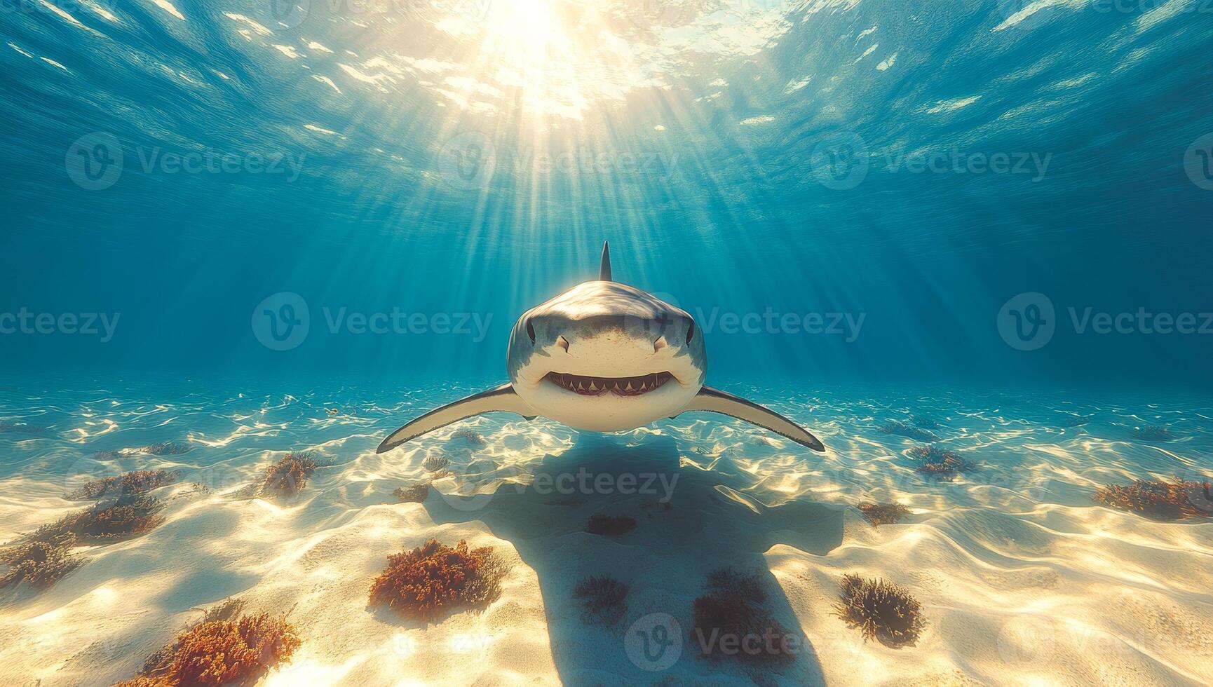 Shark gliding in clear waters. A shark glides through vibrant blue waters, sunlight illuminating the ocean floor in a serene scene. photo