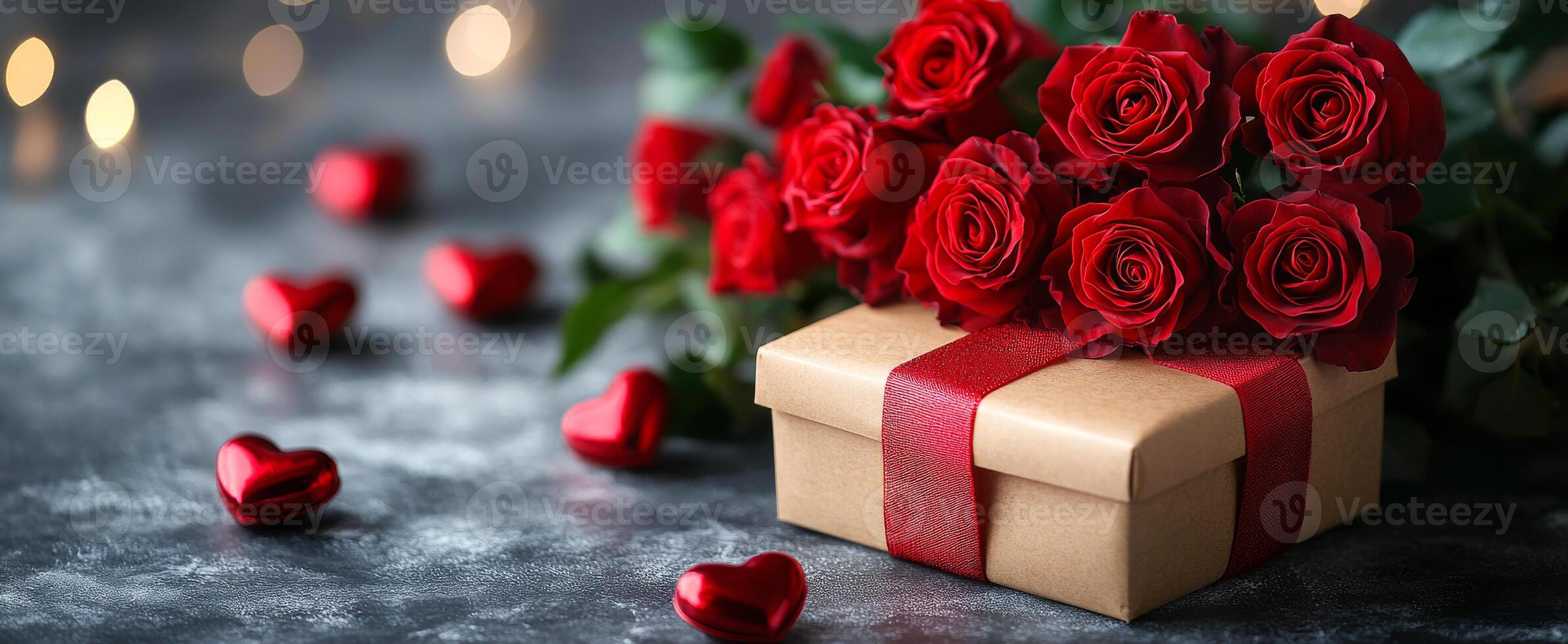 Roses and hearts for you. A beautifully wrapped gift box sits beside vibrant red roses and shiny heart decorations, perfect for celebrating love. photo