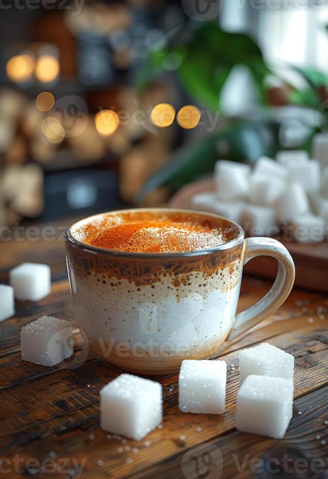 Spiced drink with sugar cubes. A warm cup filled with a spiced beverage sits on a rustic wooden table surrounded by sugar cubes and soft lighting. photo