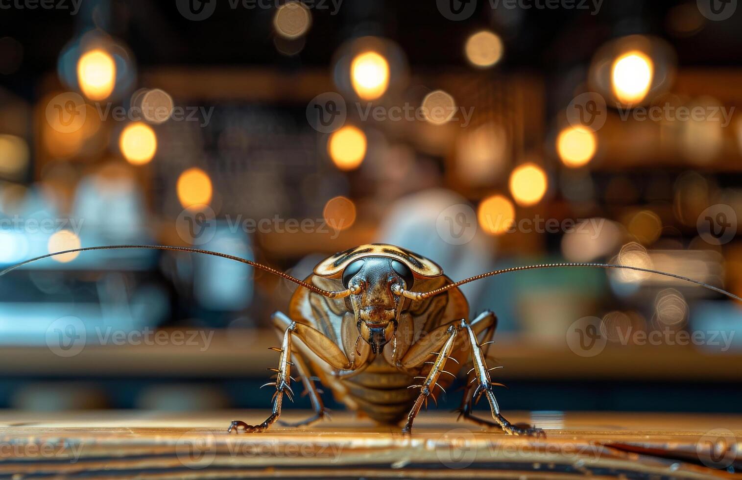 Cockroach close-up in a cafe setting. A cockroach is seen up close with a blurred cafe background, revealing vintage lights and patrons. photo