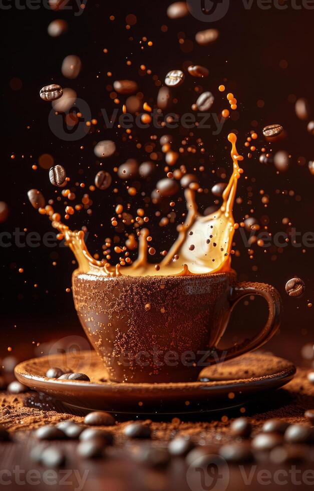 Hot coffee splashes from ceramic cup. Rich coffee splashes energetically from a ceramic cup, surrounded by scattered coffee beans, creating a dynamic effect. photo