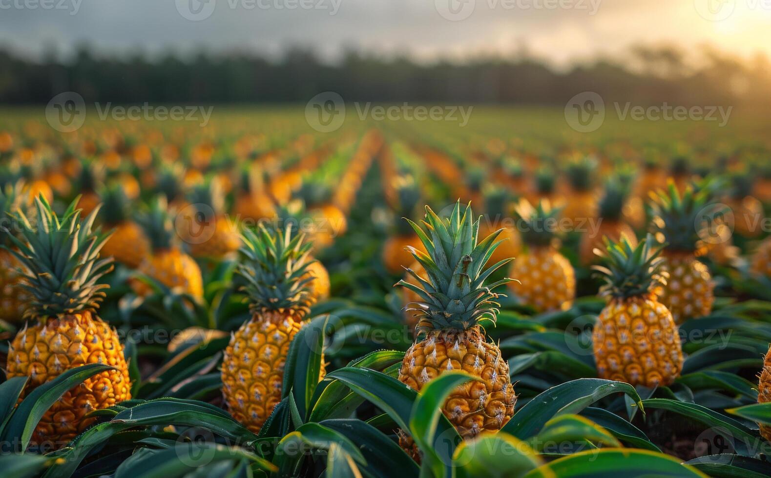 Pineapples at sunset. Rows of ripe pineapples bask in warm sunlight on a lush farm during late afternoon. photo