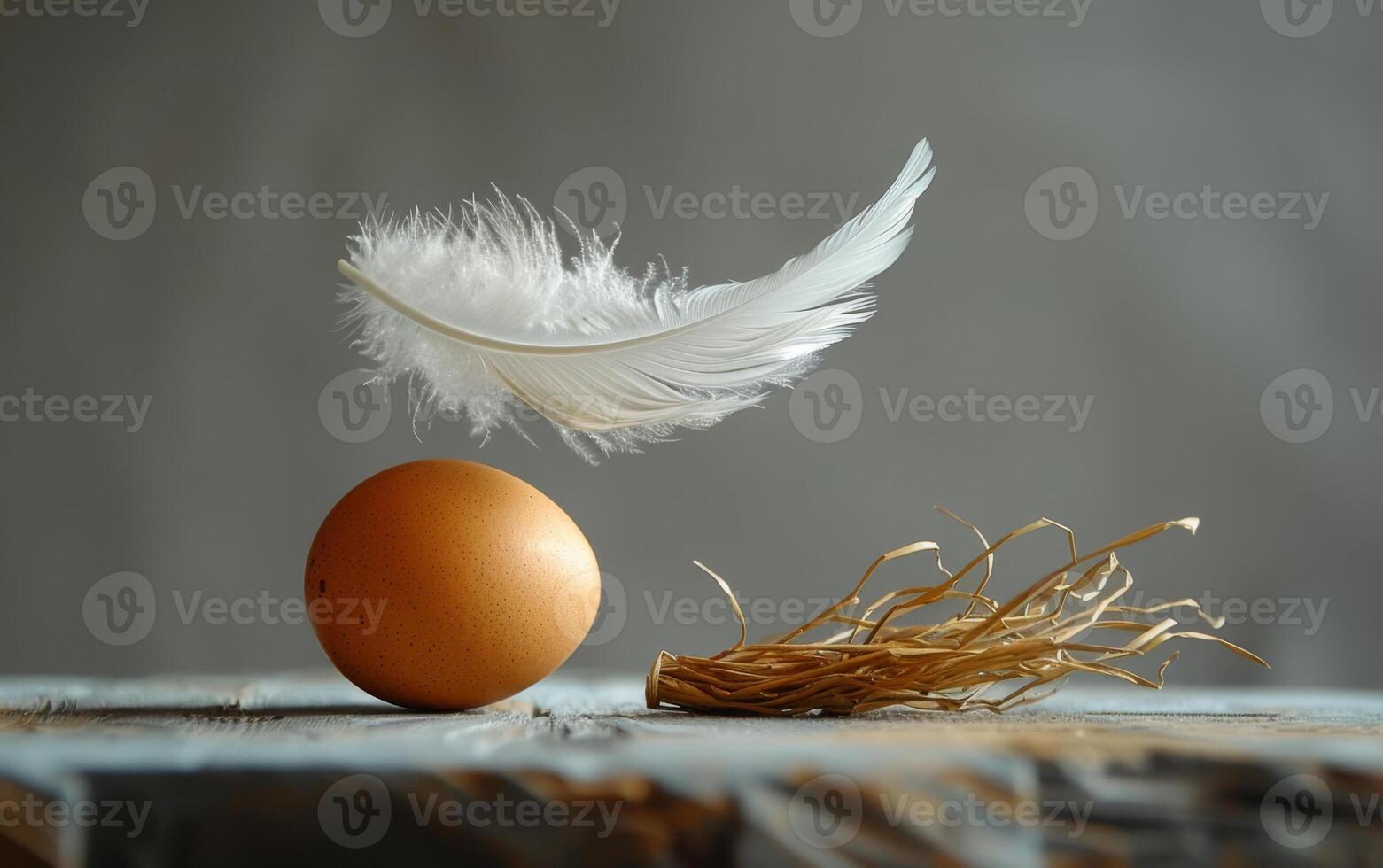 Feather floats over egg, straw. A delicate white feather hovers above a brown egg and straw on a textured surface in a calm setting. photo