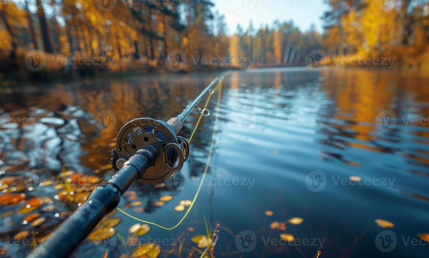 Autumn fishing at the lake. A fishing rod rests on the edge of a calm lake surrounded by vibrant autumn foliage during the early morning light. photo