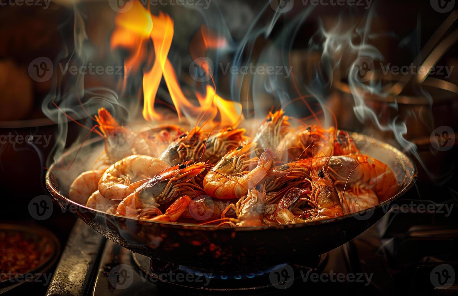 Shrimp cooking in a pan with flames. Juicy shrimp sizzling in a hot pan, flames rising from the stovetop, creating a vibrant and aromatic cooking experience. photo