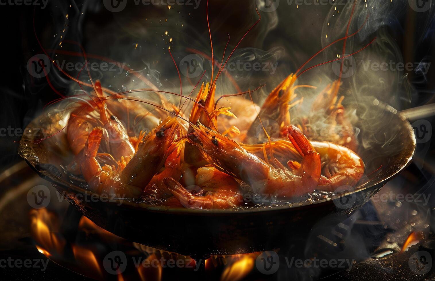 Sizzling shrimp on the stove. Fresh shrimp are being cooked in a hot pan, creating steam and smoke in a lively kitchen setting. photo
