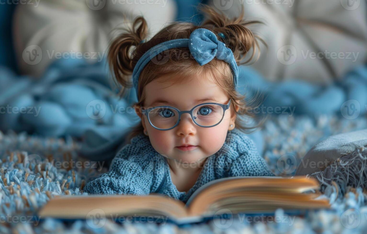 Cute baby reading on a blue rug. A young child with glasses engages with a colorful book on a soft blue rug in a cozy indoor setting. photo