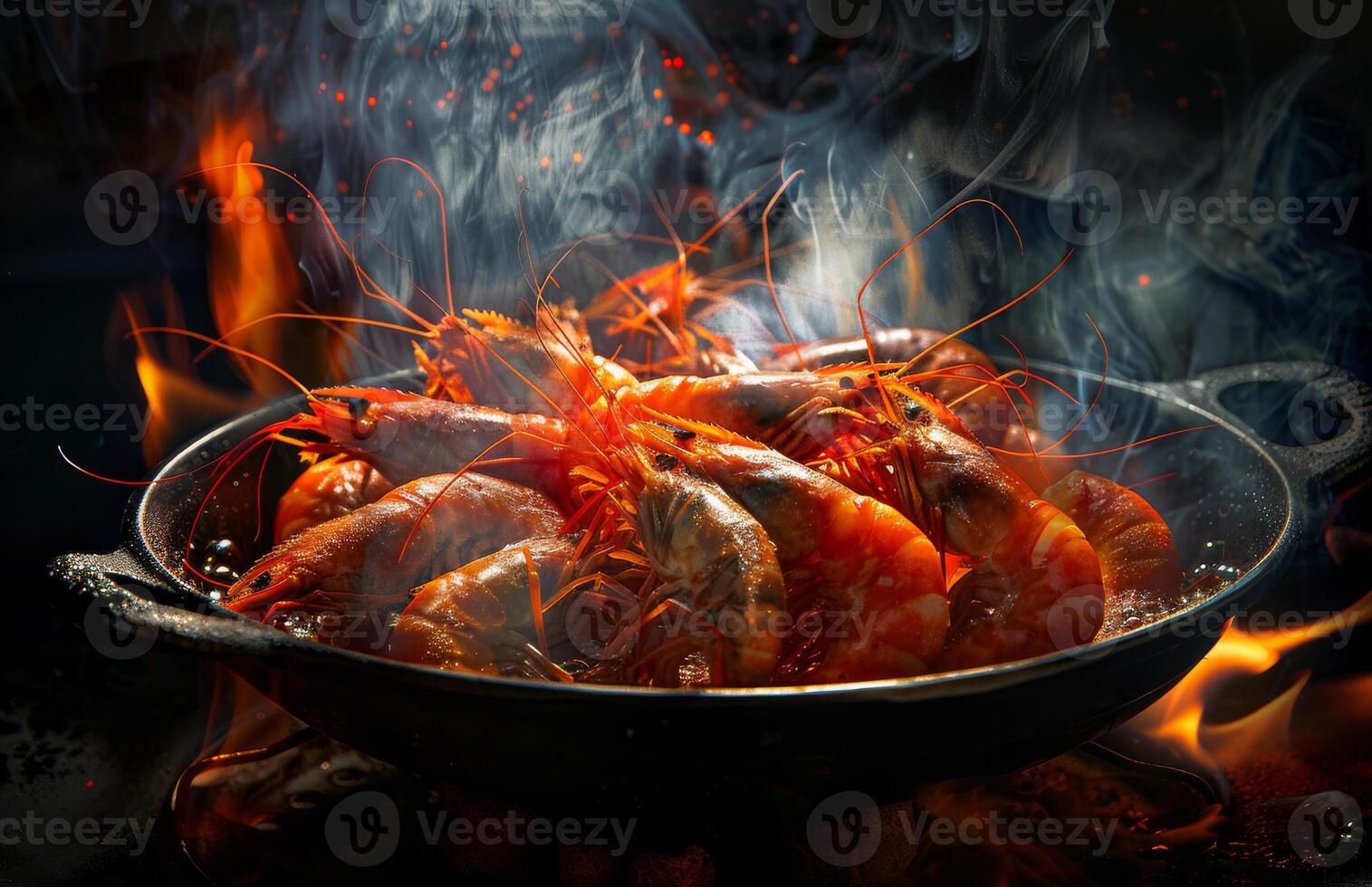Grilled shrimp sizzling over open flame. Fresh shrimp cooked over an open flame, surrounded by smoke and intense heat in a dark setting. photo
