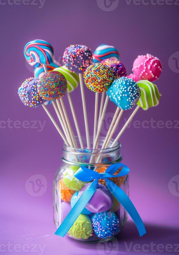 Colorful cake pops display in a jar. Brightly colored cake pops sit atop sticks in a jar filled with pastel treats, showcasing vibrant patterns and textures. photo