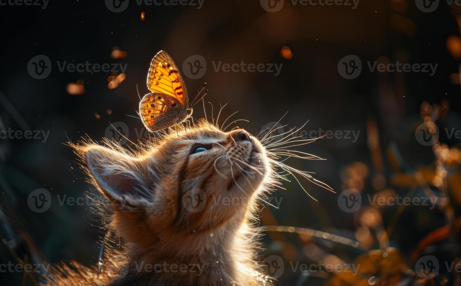 Curious kitten watches a butterfly dance. A playful kitten gazes upward as a butterfly flutters gently above its head during golden hour in nature. photo