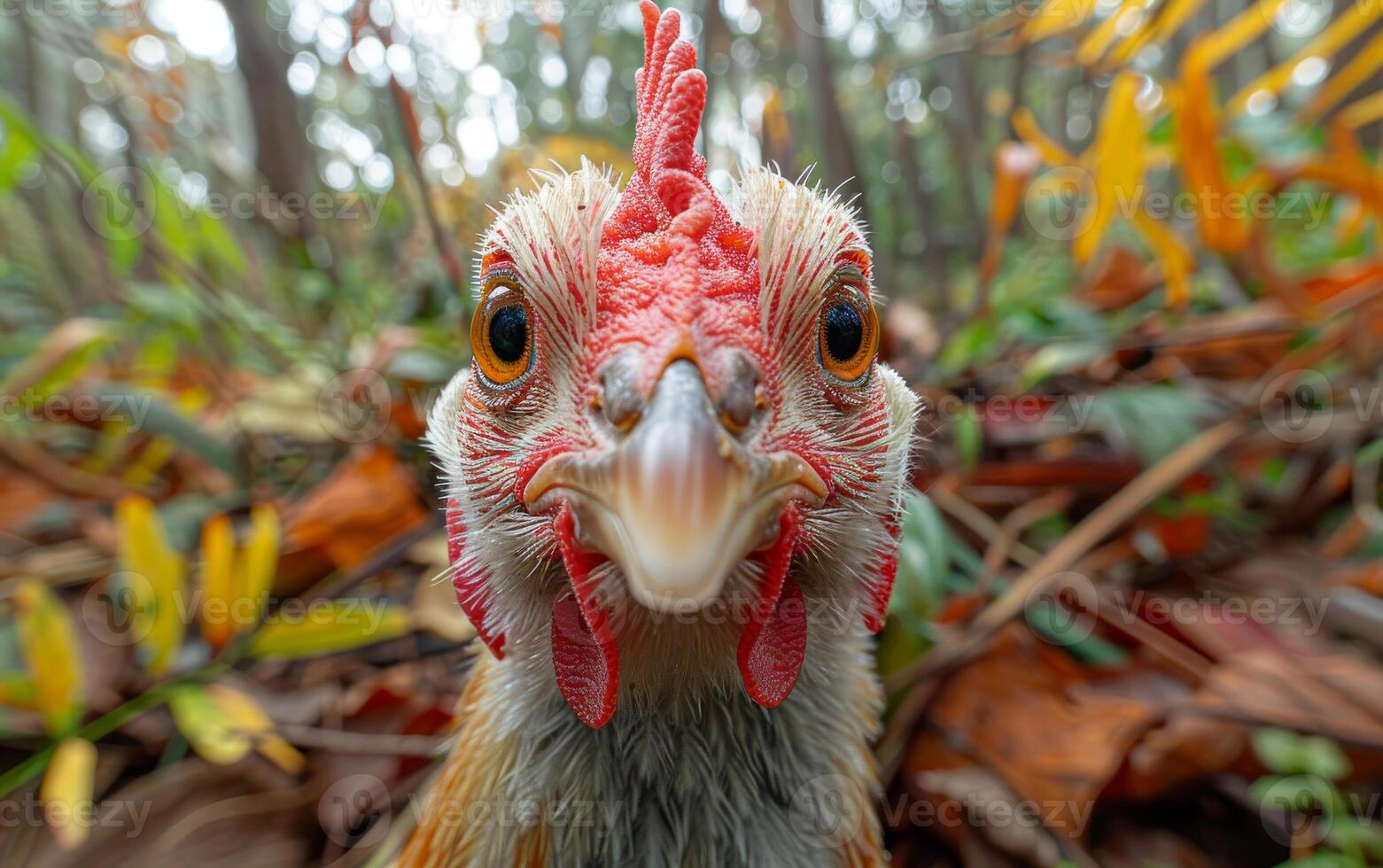 Close encounter with a curious chicken. A chicken stands still among autumn leaves, displaying its vibrant feathers and lively expression in a forest. photo
