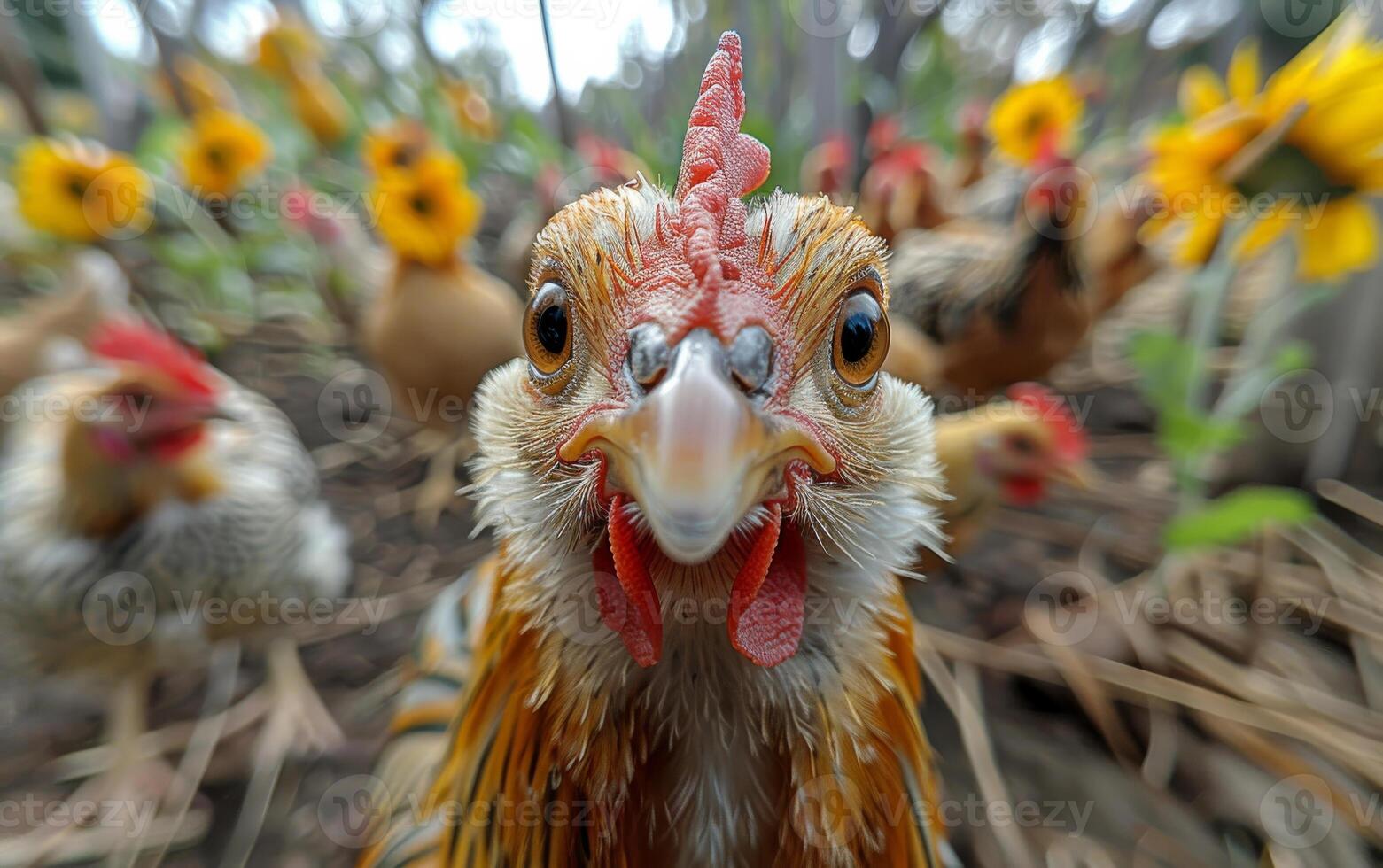 Close encounter with a colorful chicken. A vibrant chicken stares directly at the camera surrounded by sunflowers and other chickens in a garden. photo