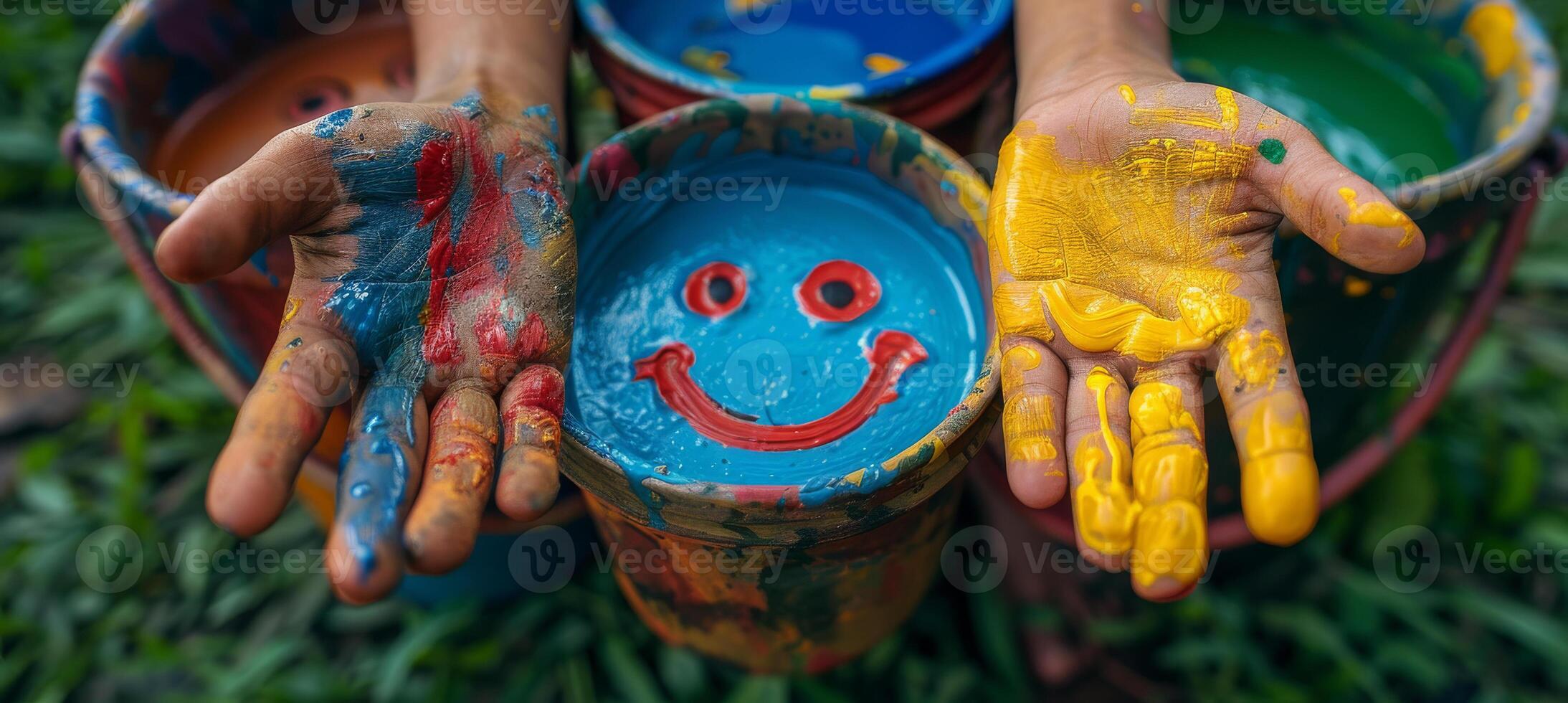 Vibrant paint on hands outdoors. Two hands show colorful paint, smiling face inside a bucket while surrounded by various paint buckets in a green area. photo