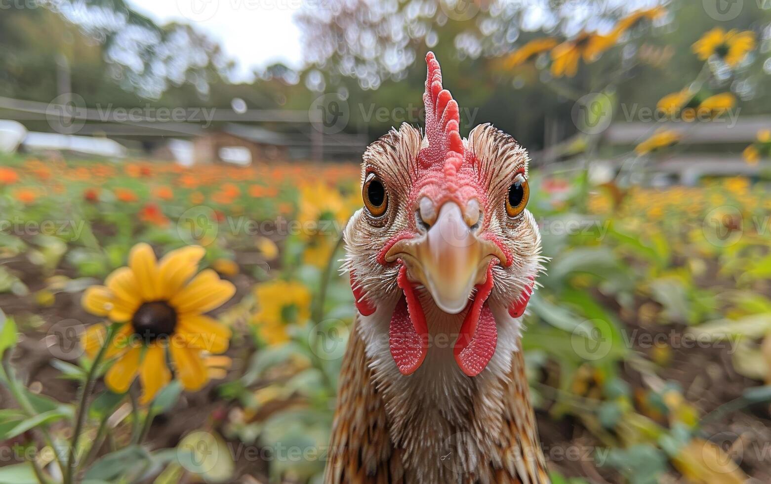 Chicken close-up in a vibrant garden. A chicken poses in a colorful flower garden, surrounded by blooming flowers and greenery, on a sunny day. photo