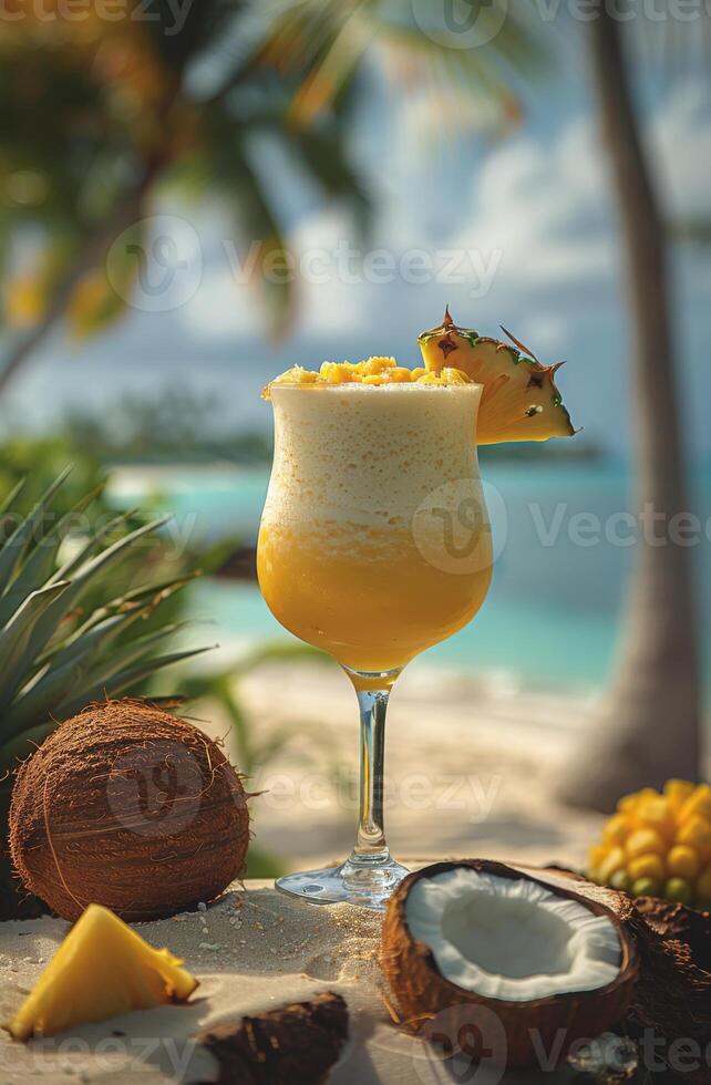 Tropical drink on the beach with coconut. A refreshing tropical drink sits on a table nearby a beach, surrounded by coconuts and pineapples on a sunny day. photo