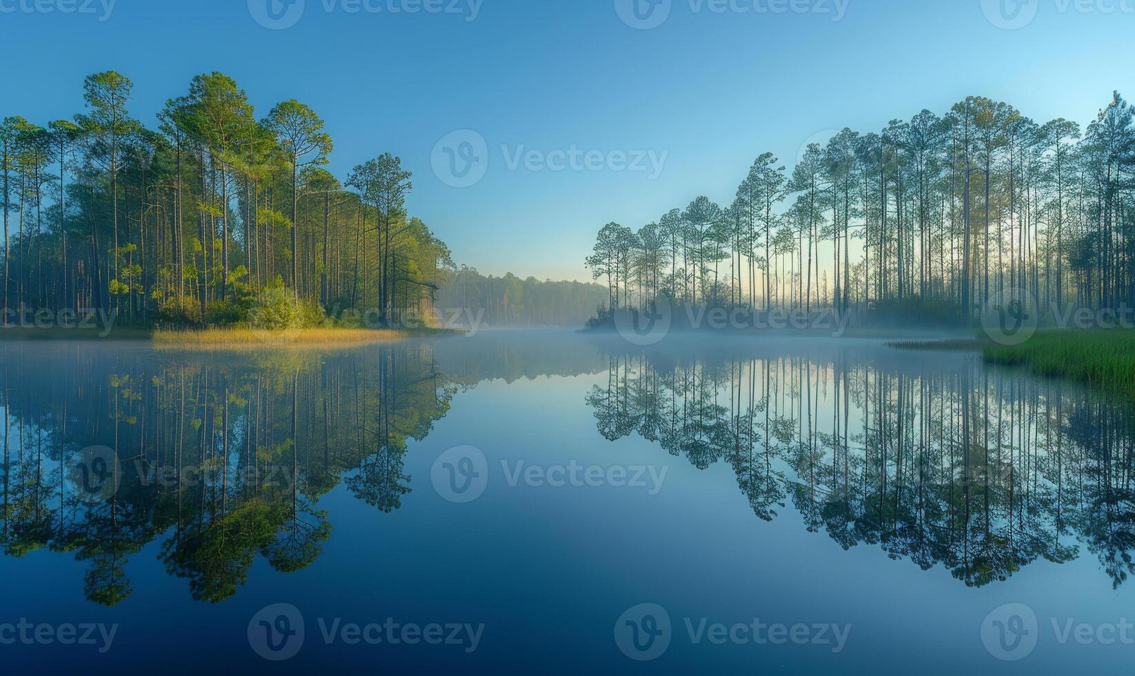 Misty morning reflection on calm water. A serene lake reflects tall trees as morning mist slowly rises, creating a tranquil atmosphere at dawn. photo