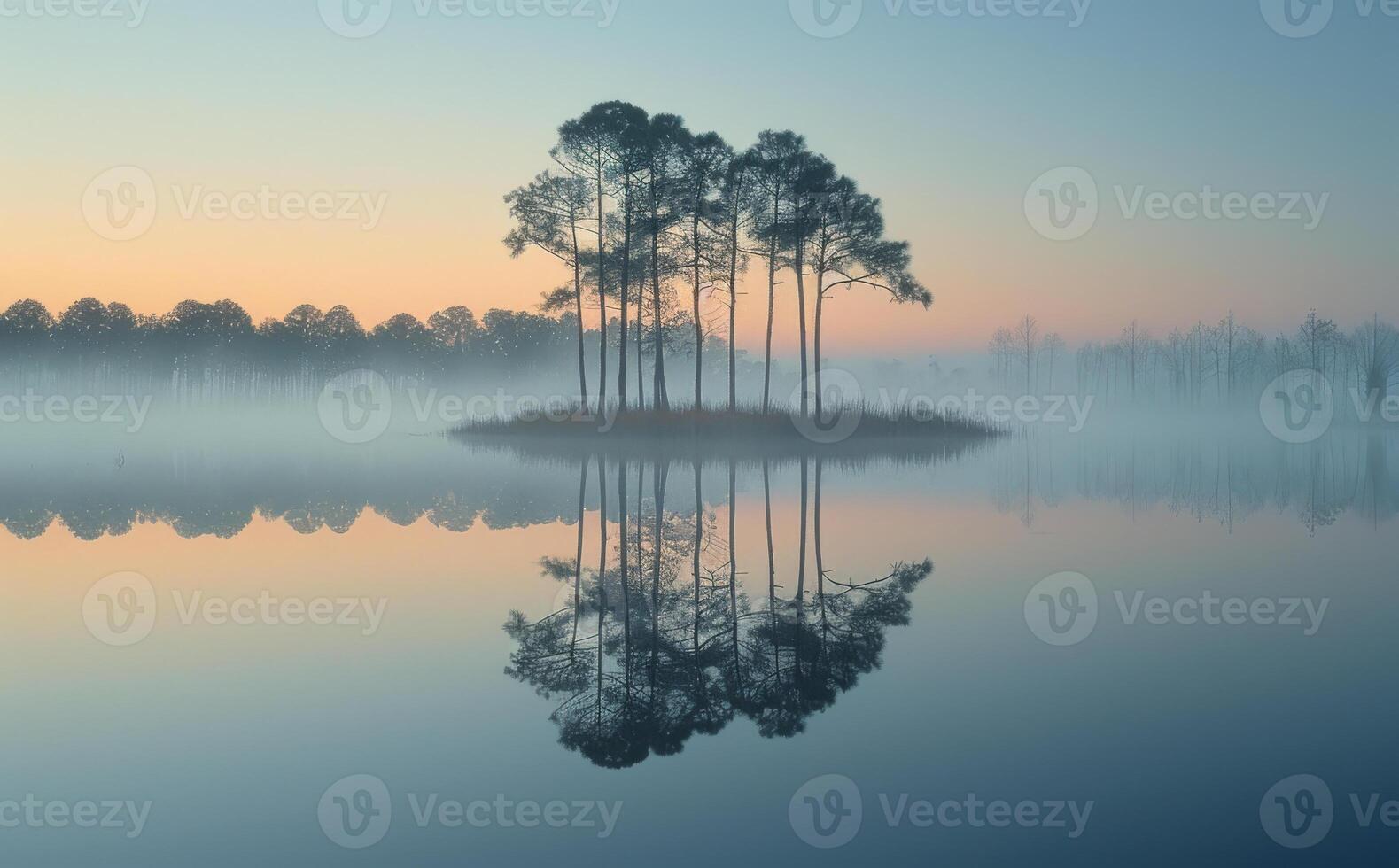 Tranquil morning mist over still water. A serene landscape features tall trees reflected in calm water at dawn, surrounded by soft mist and gentle hues. photo