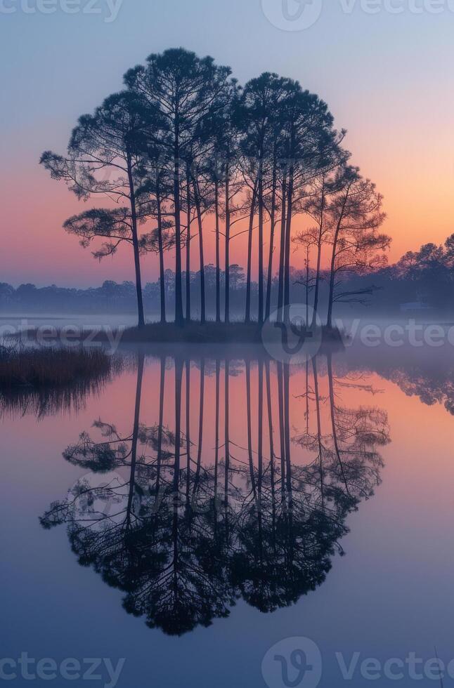 Trees mirror in calm dawn waters. Trees emerge from the misty lake, their reflections creating a tranquil scene during early morning light. photo