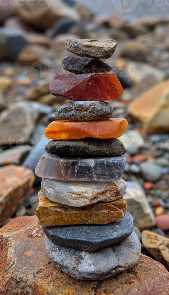 Colorful rock tower balances on a beach. A vibrant stack of stones showcases various colors and textures, resting on a pebbled shore under natural light. photo