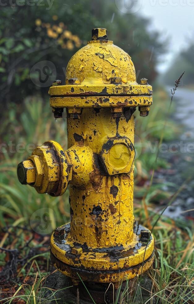 Rainy rust-yellow hydrant. A weathered yellow fire hydrant stands beside a wet path, surrounded by overgrown grass and trees on a rainy day. photo