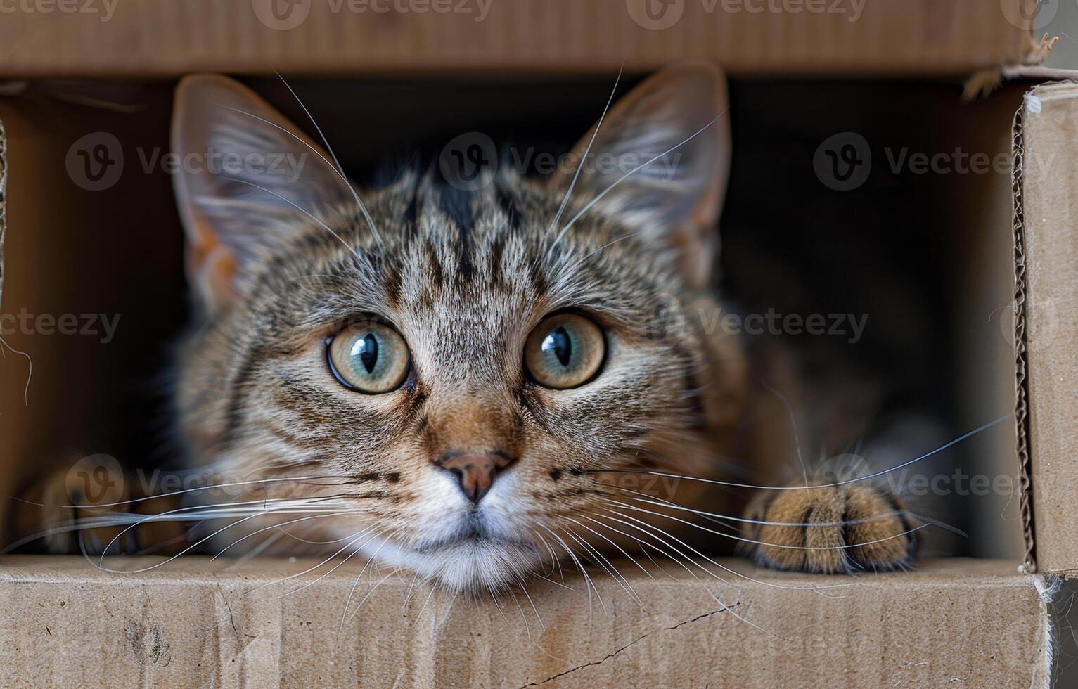 Curious cat peeking from cardboard box. A playful cat with wide eyes is hiding and peering from inside a cardboard box. Its fur is various shades of brown. photo