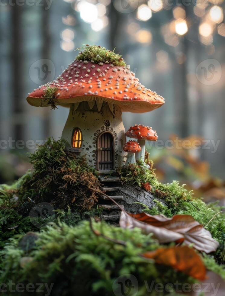 Enchanted mushroom house in a forest. A whimsical mushroom house sits nestled in vibrant green moss, surrounded by autumn leaves in a tranquil forest. photo