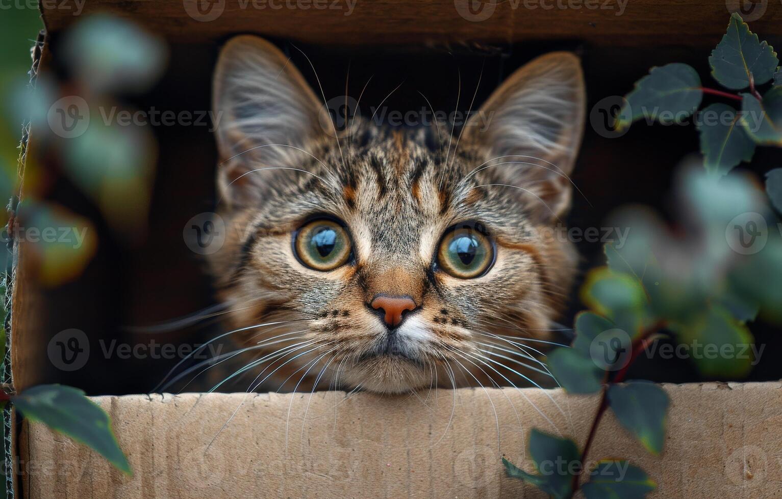 Curious cat peeking from a cardboard box. A small tabby cat with big eyes looks out from a cardboard box surrounded by green leaves, exploring its surroundings. photo
