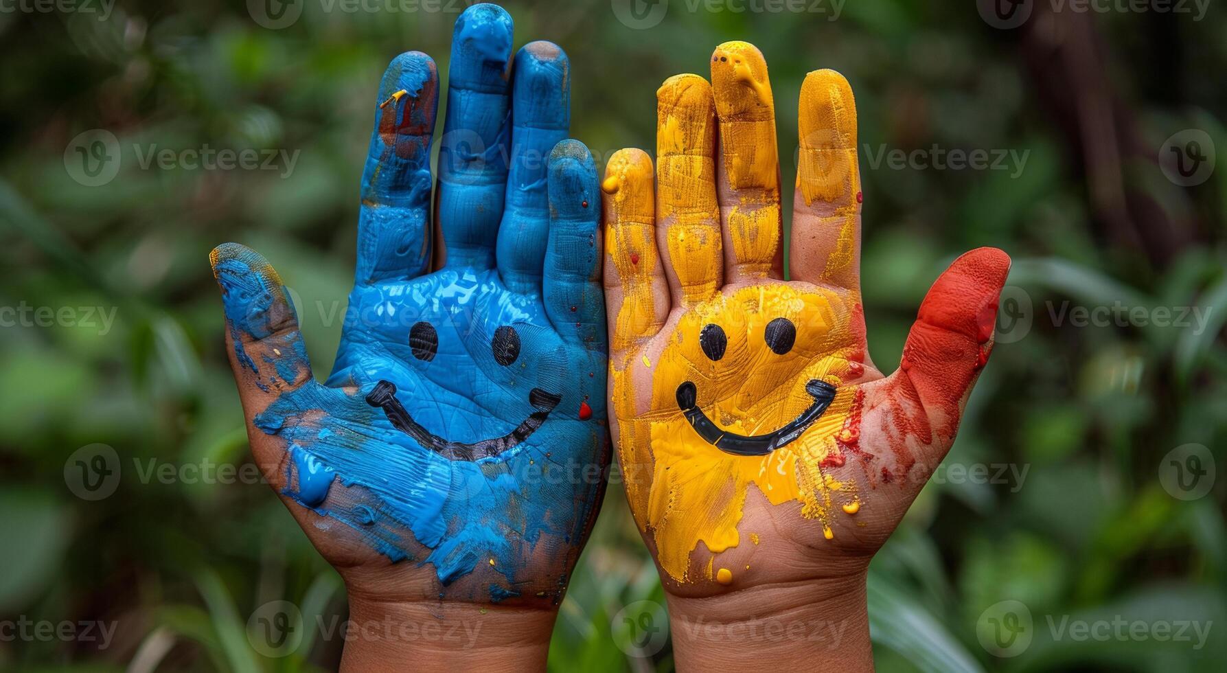 Smiley handprints outside. Two hands with bright paint showing smiley faces, surrounded by green foliage, celebrating creativity and joy. photo